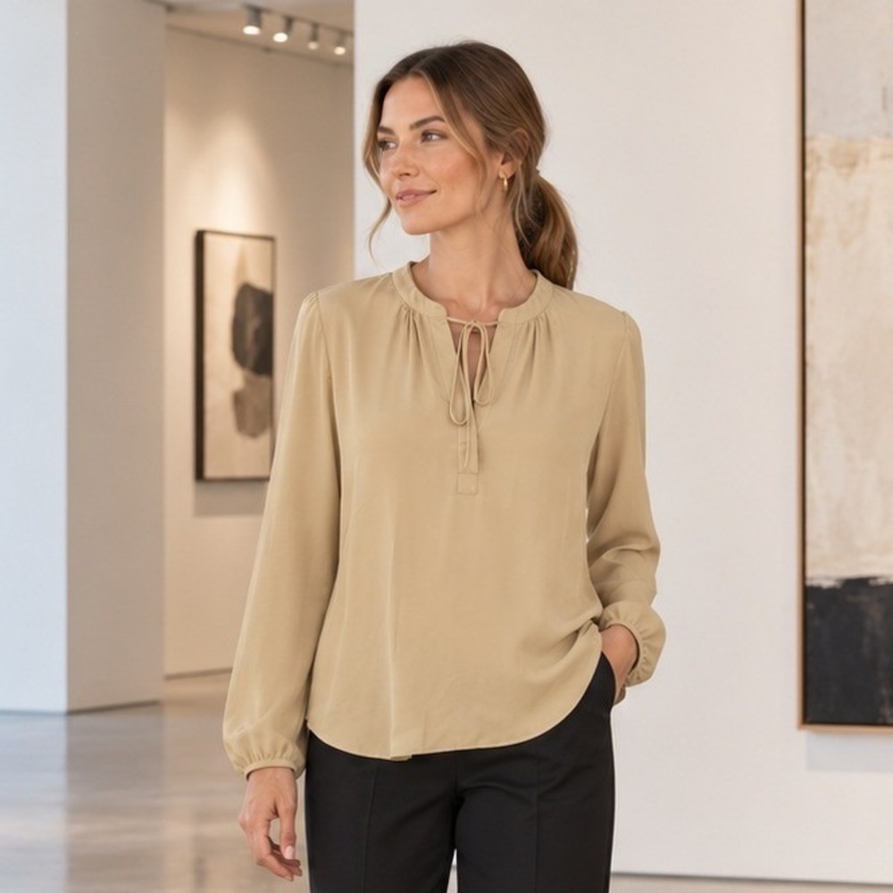 Theory Womens Silk Livilla Blouse S Camel Long Sleeve Tie Neck Minimalist Top